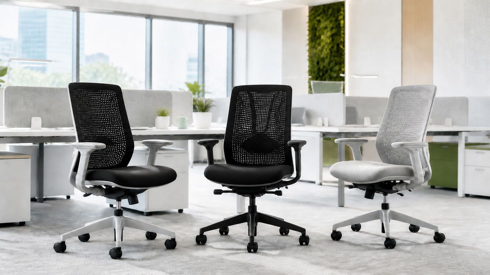 Cadeiras de escritório ergonômicas em ambiente corporativo claro